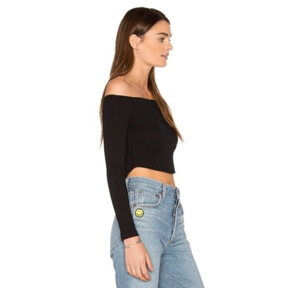 Revolve LNA Off the Shoulders Cropped Top Ribbed Knit Long Sleeve Black Small - Picture 13 of 16